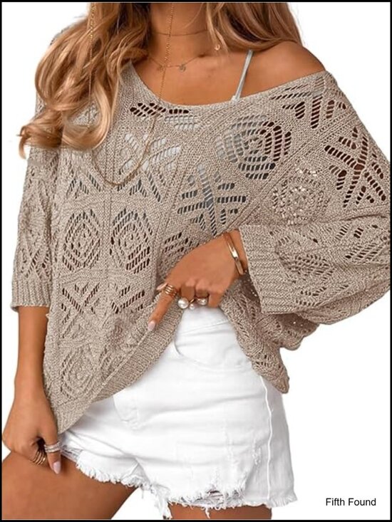 Other - Off Shoulder Crochet Mesh Beach Cover Up Top 3/4 Sleeve Boho Swimwear